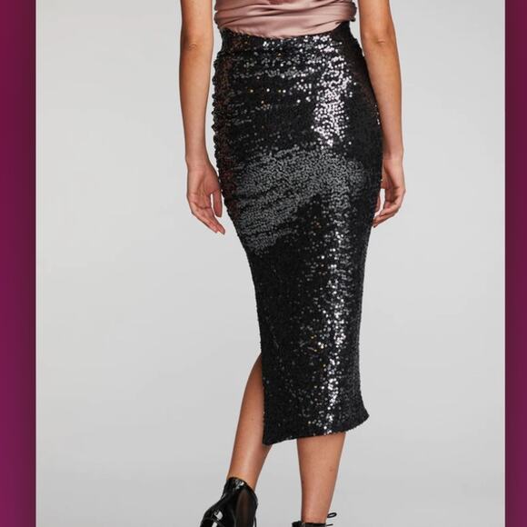 New Chaser sequin skirt midi stretch black side slit ruched Swiftie party goth - Picture 3 of 16